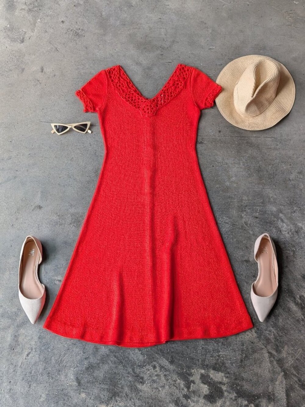 Vintage 70s Miss Dolphin Orange Knit Crochet V-Neck Dress